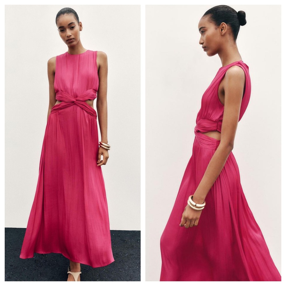 Zara Pink Pleated Cut Out Knot Maxi Dress 8351/221/630 Fuchsia‎ XS